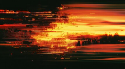 Abstract digital background displaying a horizontal blur and pixelated fragmentation, creating a vibrant glitch effect with shimmering orange and yellow data flowing across a dark canvas