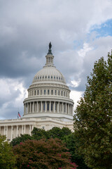 U.S. Capitol Dome Framed by Trees Under Cloudy Sky