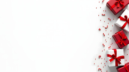 Christmas Decorative Background with Red Gift Boxes Vertical Border and Clean White Copy Space