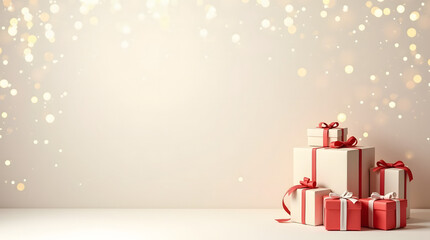 Christmas Decorative Background with Red Gift Boxes Golden Sparkle and Festive Copy Space