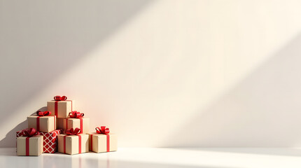 Minimal Christmas Decorative Background with Red Gift Boxes Soft Shadow and Copy Space