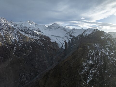 Schafkogel and Querkogel, glacier Schlaf Ferner, evening mood, Niedertal with three thousand metre peaks, Alpine panorama, aerial view, mountains in &Ouml;tztal, &Ouml;tztal Alps, Tyrol, Austria