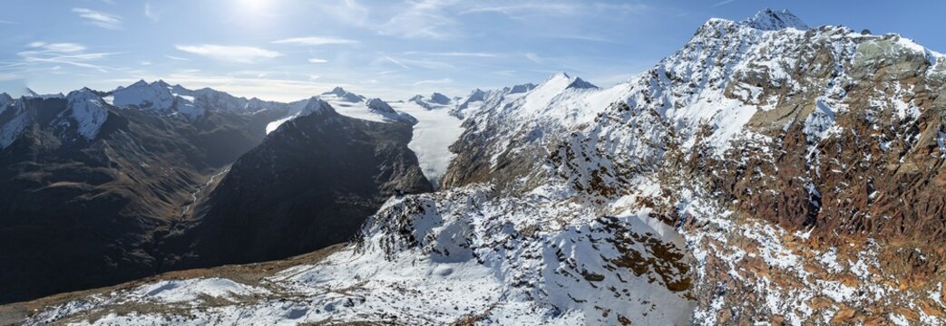 Glacier Gurgler Ferner and Hinterer Spiegelkogel, Ramoljoch, alpine panorama, aerial view, mountains in &Ouml;tztal, &Ouml;tztal Alps, Tyrol, Austria