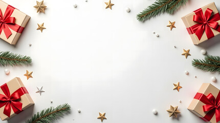 Christmas Decorative Background with Gift Boxes Pine Branches Golden Stars and Copy Space