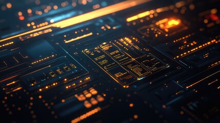 Advanced computing interface features glowing lines and components, representing data flow, complex algorithms, and the intricate connections within modern information systems and ai infrastructure