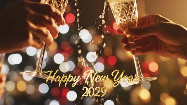 New Years Eve Celebration with Champagne Toast and Festive Lights.