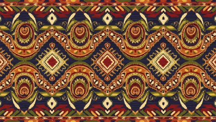 Intricate Geometric Pattern with Tribal Motifs and Vibrant Colors.