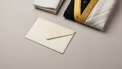 Elegant white envelope with a decorative card and folded traditional clothing on a beige surface, perfect for invitations or special occasions