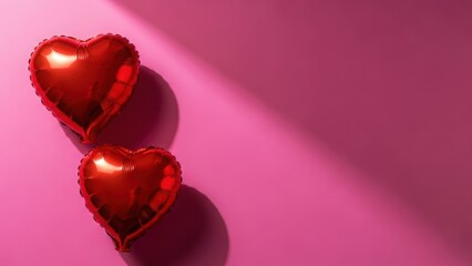 Two shiny red heart shaped balloons on pink background with shadow