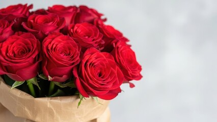 Bouquet of deep red roses in a simple brown paper wrapping