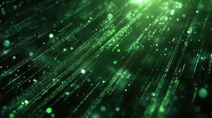 Illuminating green digital particles forming abstract lines across a dark background, depicting interconnected systems and advanced technology concepts