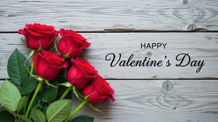 Five red roses on rustic wooden background for valentines day greeting