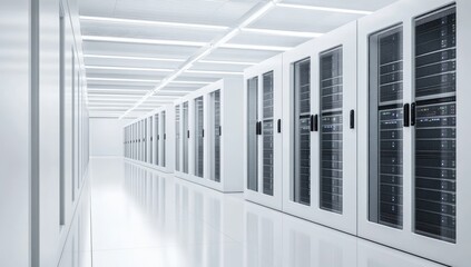 Obraz premium Bright minimalist data center server corridor with white racks and clean symmetrical layout for IT infrastructure, enterprise computing, secure data storage, and modern technology backgrounds