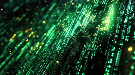 Abstract background showing glowing green and yellow particles moving across a dark grid, representing data flow, digital technology, neural networks, and computer science concepts