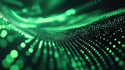 Glowing green particles illuminate a dark background, creating dynamic abstract waves representing data flow, digital connections, and advanced artificial intelligence technology concepts
