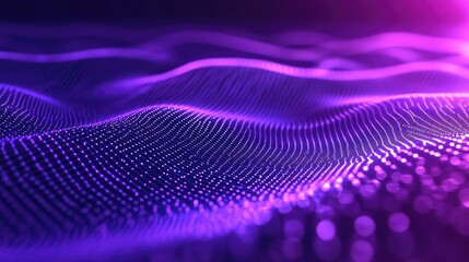 Abstract surface of glowing purple dots forming a wavy. Undulating grid. Representing concepts such as big data. Artificial intelligence. Sound. And future technology with a vibrant bokeh light effect