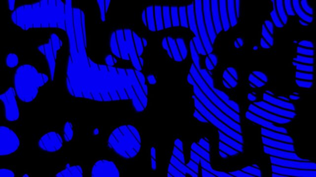 Abstract distorted neon blue concentric circles with melting fluid texture on black background