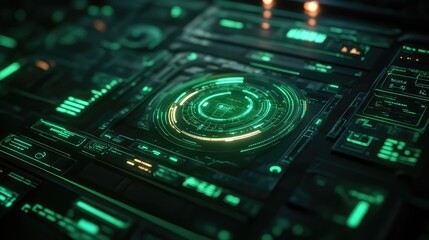 Futuristic control panel with a glowing green circular ui and holographic data visualizations, conveying advanced technology, cyber security, ai analytics and network monitoring