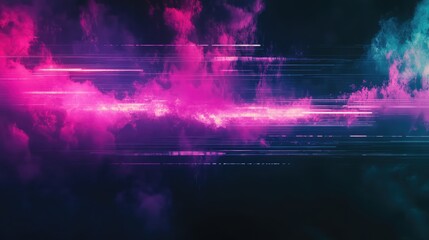 Glowing neon magenta and cyan smoke clouds intersecting with horizontal streaks of light and glitching digital lines, creating a vibrant modern background symbolizing data, technology, and energy