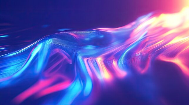 Abstract digital waveform displaying a fluid surface with glowing blue, pink, and yellow light creating an energetic and futuristic background, representing data flow or advanced technology - Powered by Adobe