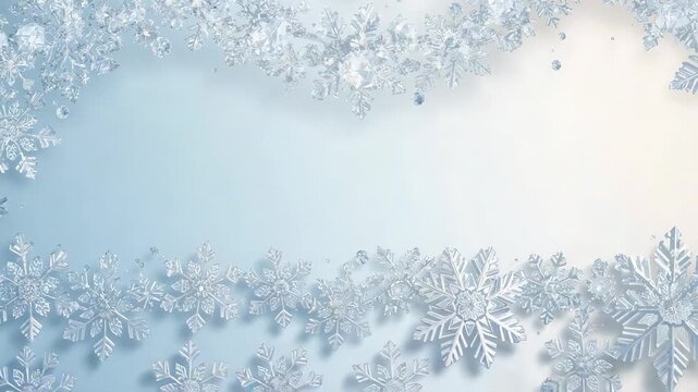 Starting border snowflake frame showing drifting tiny crystals and glints on winter scene for title