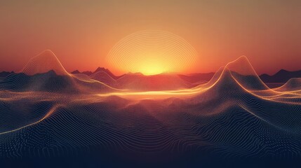 Digital terrain creating a futuristic topography, with glowing particle waves reflecting a vibrant abstract sunset, representing data visualization and technological innovation