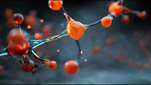 Neuropsychopharmacology molecular structure atom bond orange sphere glowing futuristic molecular network neuron chemistry