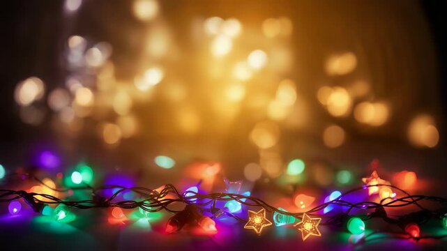Glowing multicolor bulbs, golden bokeh and star bulbs pulsing on table as exposure shifts