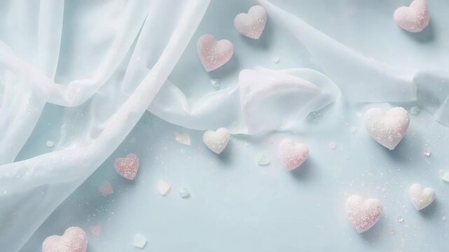 Shifting view after lighting change over pale blue flatlay revealing sugar hearts and sheer fabric