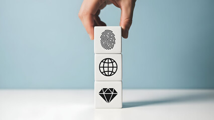 Hand stacking blocks with global and financial symbols