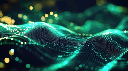 Digital data particles create a fluid, undulating dark green landscape, representing connected information streams, technological networks, and advanced computing concepts