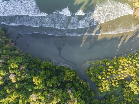 Top-down aerial view, ocean and coast with rainforest, Playa Ventanas, Puntarenas Province, Costa Rica