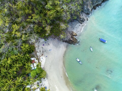 Aerial view, Tropical island in the turquoise ocean, Tourist beach, Tortuga Island, Puntarenas, Costa Rica