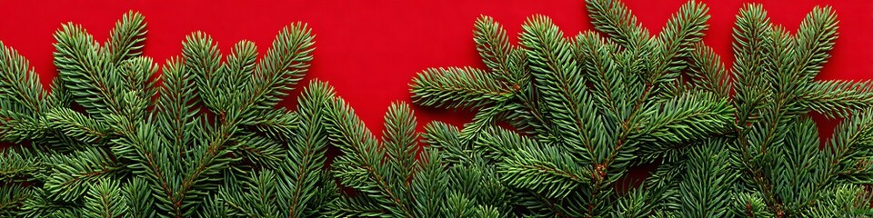 spruce branches on a red background.