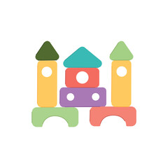 Cute geometric castle built from simple shapes, illustrated in a flat kids vector style. Bright colors, white background. Perfect for children’s designs, learning shapes, toys, and creative play theme