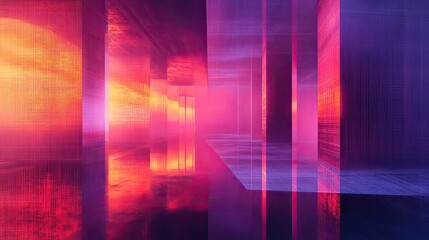 Abstract digital architecture is forming a dynamic network of glowing lines and structures, creating a futuristic pathway illuminated by vibrant magenta, orange, and purple hues
