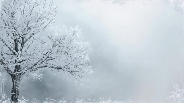 Emerging large flake drifting toward snowbank in fog, passing frosted tree with icicles, copy space