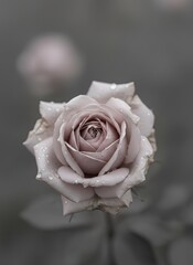 Close up of a delicate pale pink rose covered in dew drops with soft grey background and selective focus on bloom petals