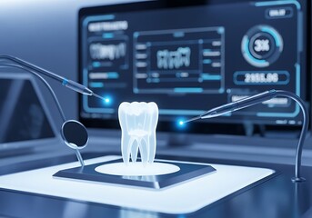 Futuristic Dental Technology Analyzing a Holographic Tooth Model on a Diagnostic Screen