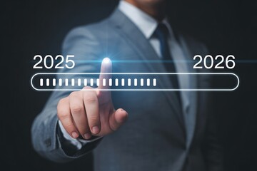 Businessman Interacting with Loading Bar, Digital Progress for 2026, Technology and Business Concept, Hand Touching Virtual Progress Bar, Loading New Year Data.