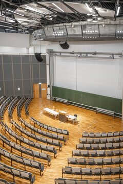 View from above into an empty lecture theatre with rows of seats and lectern, interior photo, Department of Mechanical Engineering, Technical University of Munich, TUM, Garching, Bavaria, Germany
