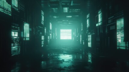 Dark, abstract digital corridor featuring glowing data streams on walls, culminating in a bright square screen displaying static, representing concepts of technology and network