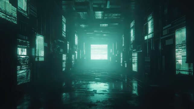 Dark, abstract digital corridor featuring glowing data streams on walls, culminating in a bright square screen displaying static, representing concepts of technology and network - Powered by Adobe