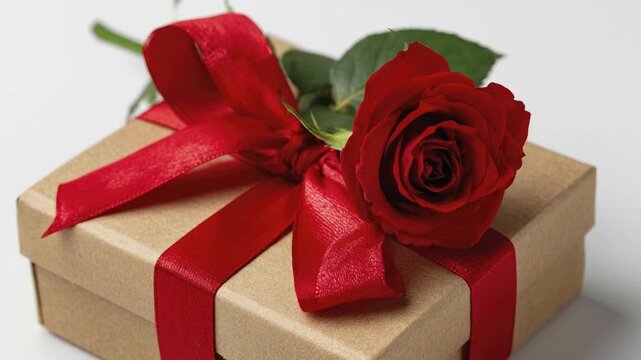 A beautifully composed close-up shot features a charming gift box, meticulously wrapped in rustic brown kraft paper and elegantly adorned with a lustrous red satin ribbon tied into a perfect bow. A si