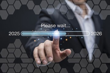 Hand Touching Loading Progress Bar, Please Wait Message, Abstract Pattern Background, Data Concept, Digital Interface Interaction, Loading New Year 2026, Futuristic Technology and Corporate Data.