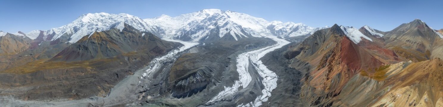Aerial view, panorama, high mountain landscape with glacier moraines and glacier tongues, glaciated and snow-covered mountain peaks, Lenin Peak and Peak of the XIX Party Congress of the CPSU, Traveller's Pass, Trans Alay Mountains, Pamir Mountains, Osher Province, Kyrgyzstan