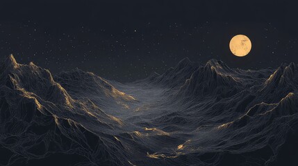 Abstract digital rendering illustrating a futuristic conceptual mountainous landscape under a bright golden moon and scattered stars, highlighting themes of technology, nature, and exploration