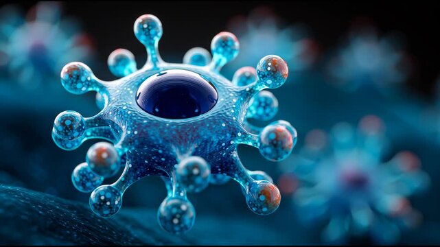Blue microscopic virus particle with glossy blue spherical molecule pathogen inspiring neuropsychopharmacology futuristic