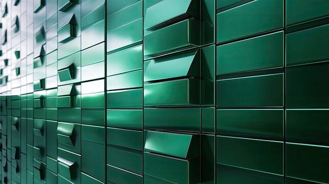 Metallic green rectangular blocks creating a dynamic three dimensional geometric pattern background, portraying concepts of technology, data, innovation, and modern architecture - Powered by Adobe