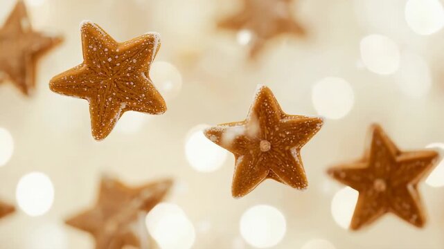 Focus shifting, gingerbread stars drifting toward viewer in studio, bokeh lights revealing texture
